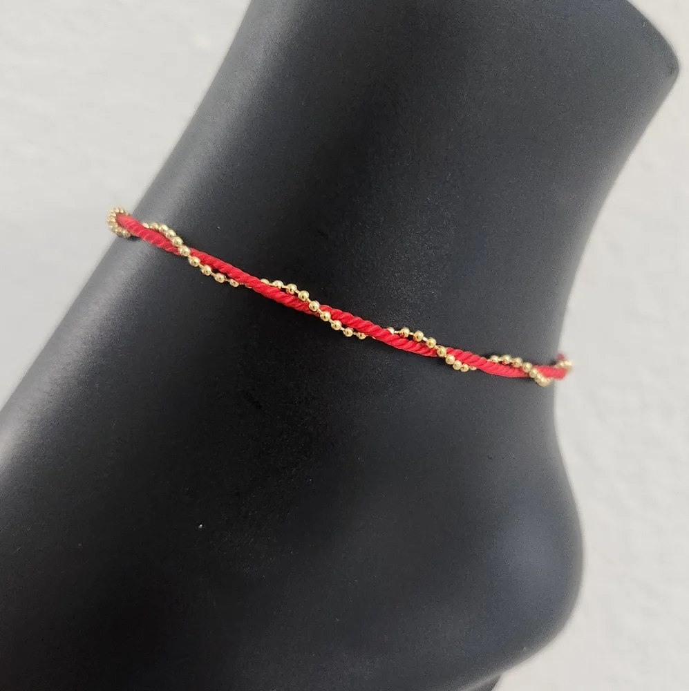 Red Rope String & Gold Beaded Twisted Anklet - Picture 6 of 13